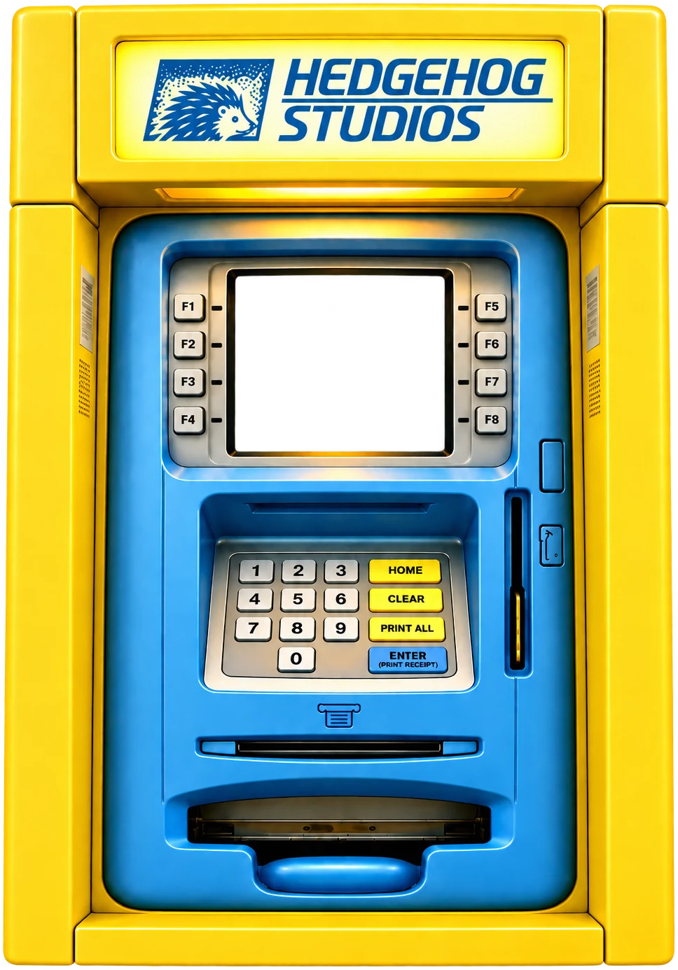 The Hedgehog Studios ATM: a yellow and blue cash machine with a screen, eight side keys, a keypad and a receipt slot